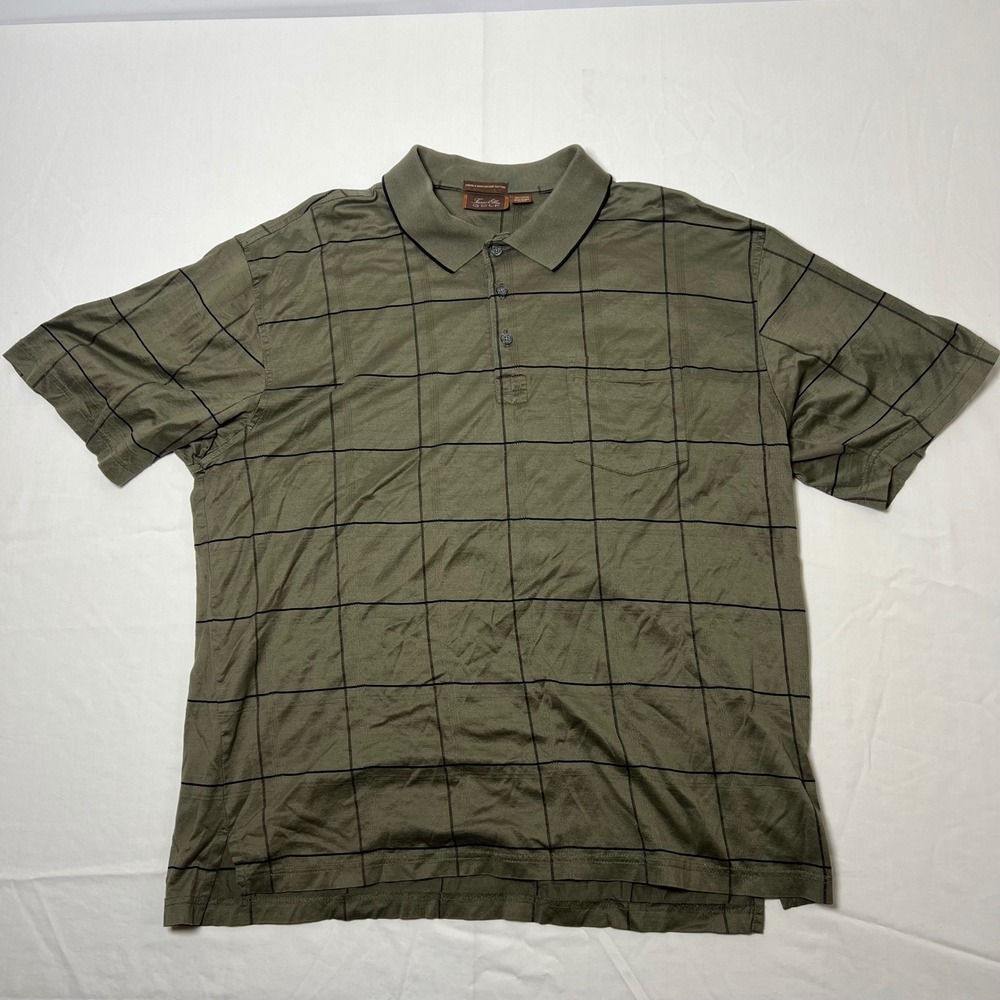 VTG Tasso Elba Golf Mens Medium Polo Shirt Olive Green Windowpane Cotton